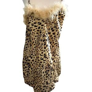 VTG lingerie Cheetah Nightgown Slip pjs fur trim kitty cat Animal 80s Sexy S/M